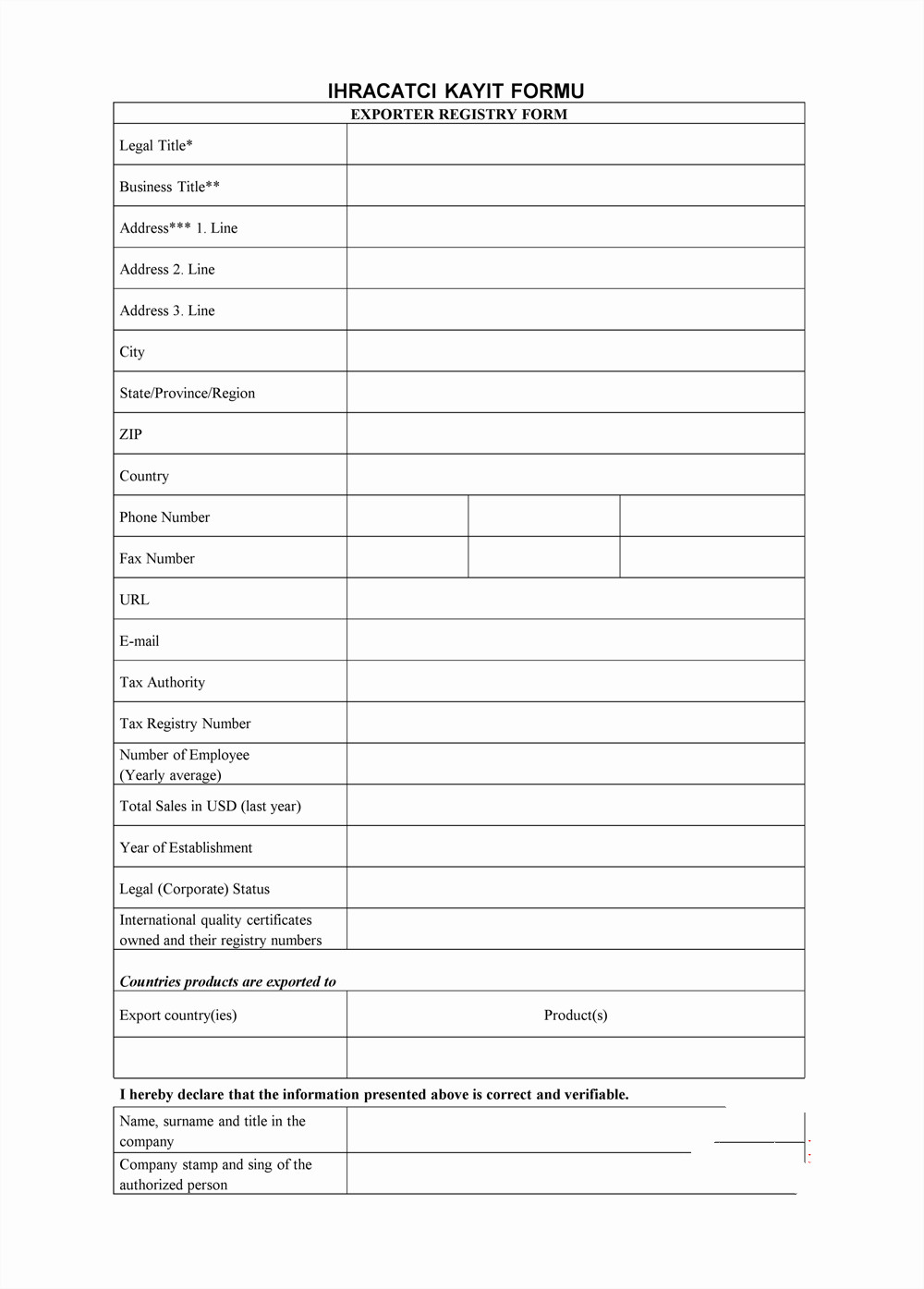 EXPORTER REGISTRY FORM