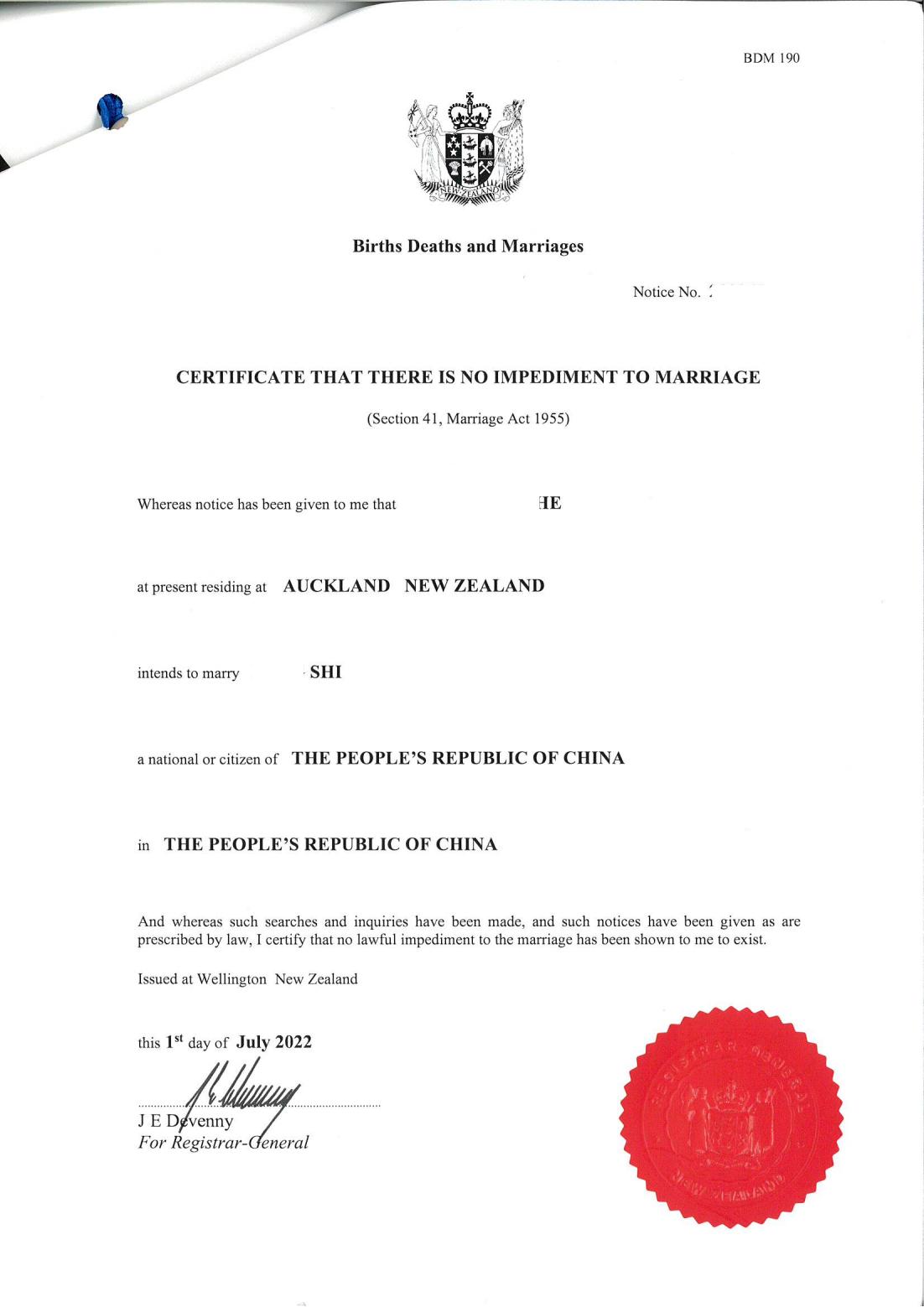 新西兰无配偶/无婚姻障碍证明CONI申请及公证海牙认证使领馆认证