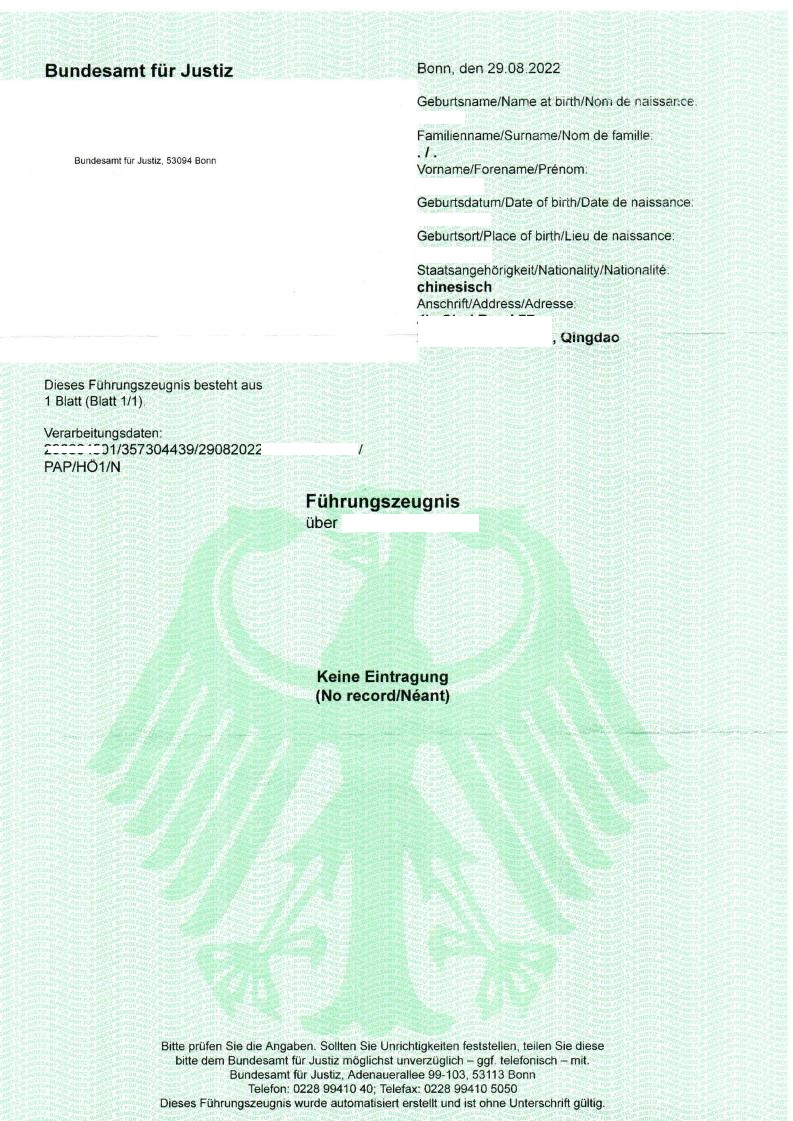申请德国无犯罪记录及公证中国驻德国领馆认证海牙认证